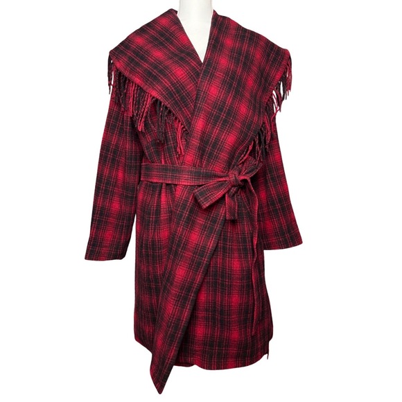 Lauren Ralph Lauren Jackets & Blazers - Lauren Ralph Lauren Plaid Wrap Coat Womens 18W Wool Fringe Belted NWT‎